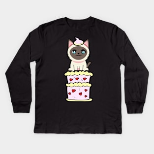 Funny siamese cat jumping out of a cake Kids Long Sleeve T-Shirt